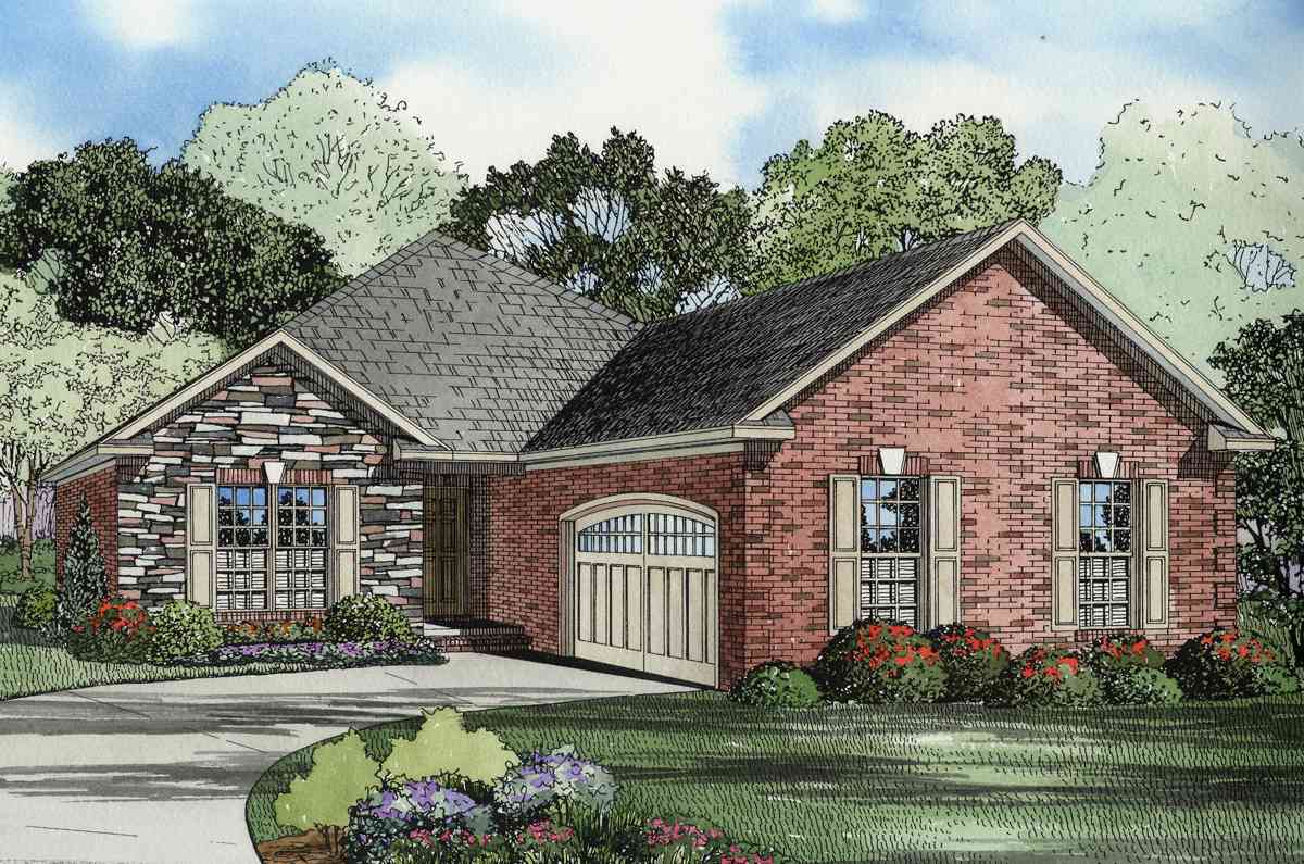 House plan exterior with brick and stone facade, arched garage door, and gable rooflines.