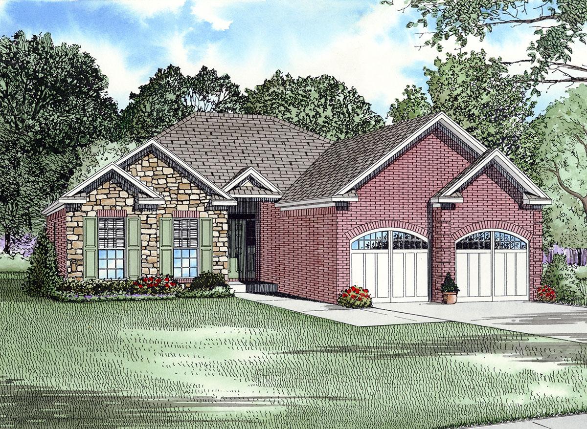 House plan exterior of a one-story home with stone and brick facade, a covered entry, and a two-car garage with arched doors.