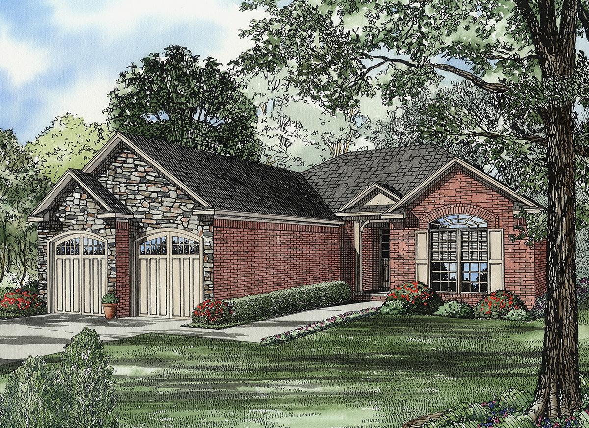 House plan exterior: Ranch style, brick and stone facade, two-car garage with arched doors, prominent gables.