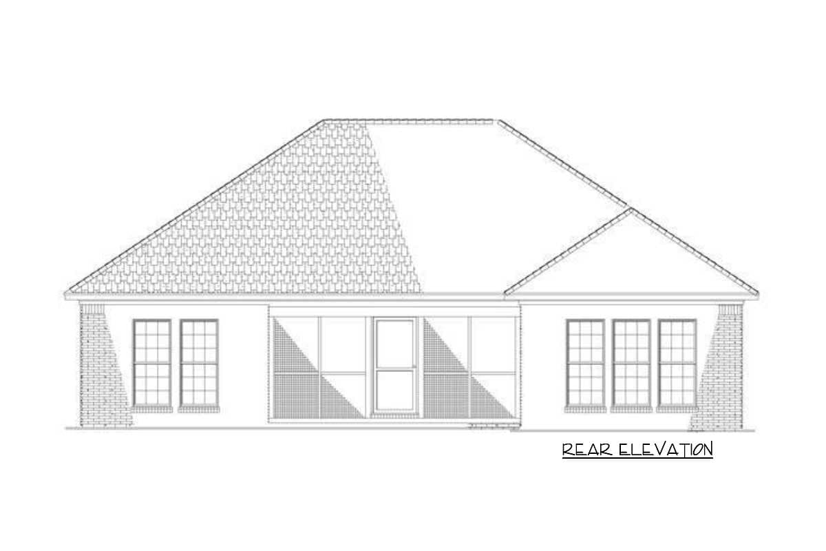 Rear elevation drawing of a house plan showing a pitched roof, multiple windows, and a central door with surrounding glass.