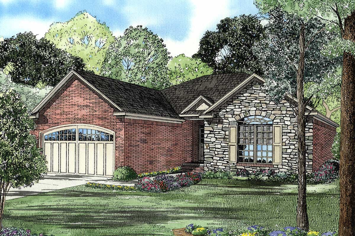 House plan exterior: one-story brick and stone home with arched garage door and arched window.