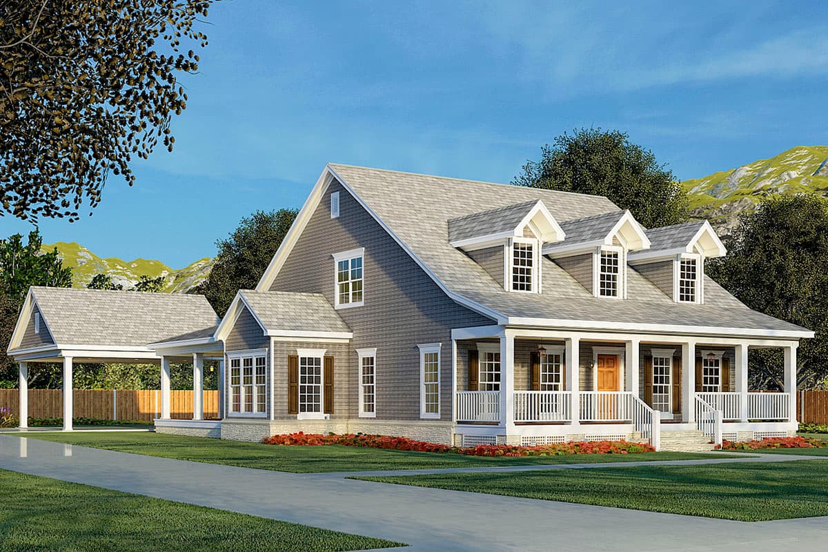 House plan exterior. Two-story farmhouse with a front porch, multiple dormers, and a detached carport on the left. Features a gable roof.