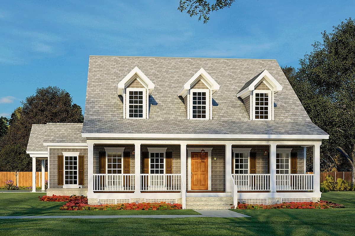 House plan exterior: Two-story home with wide front porch, white railings, gable dormers, and shingle roof.