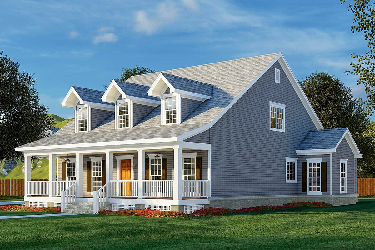 House plan exterior: One-story, gray siding, wrap-around porch with white railings, multiple gabled dormers, and multi-pane windows.