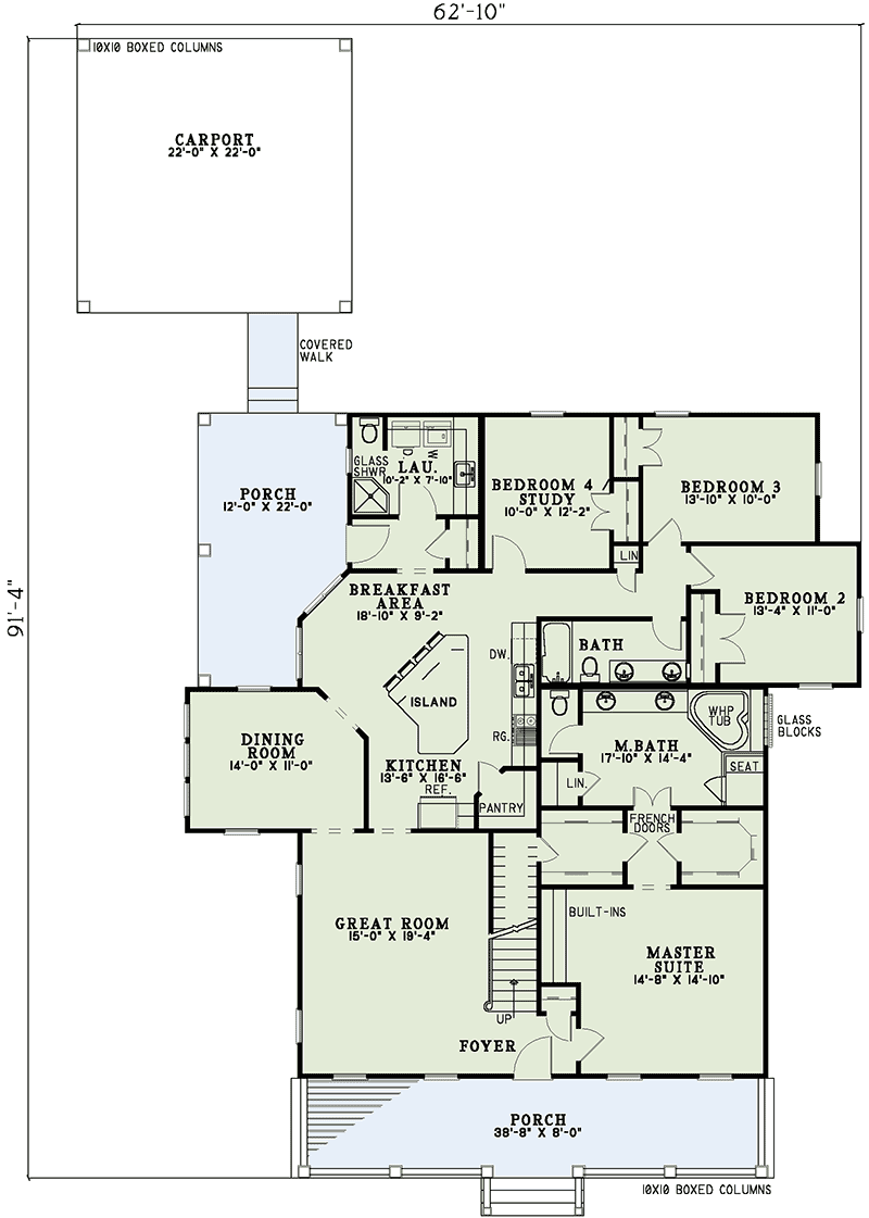 Plan 5923ND: Country Home Plan Offering Convenient Family Living and a Carport - Floor Plan - Main Level - Country, Southern, Traditional