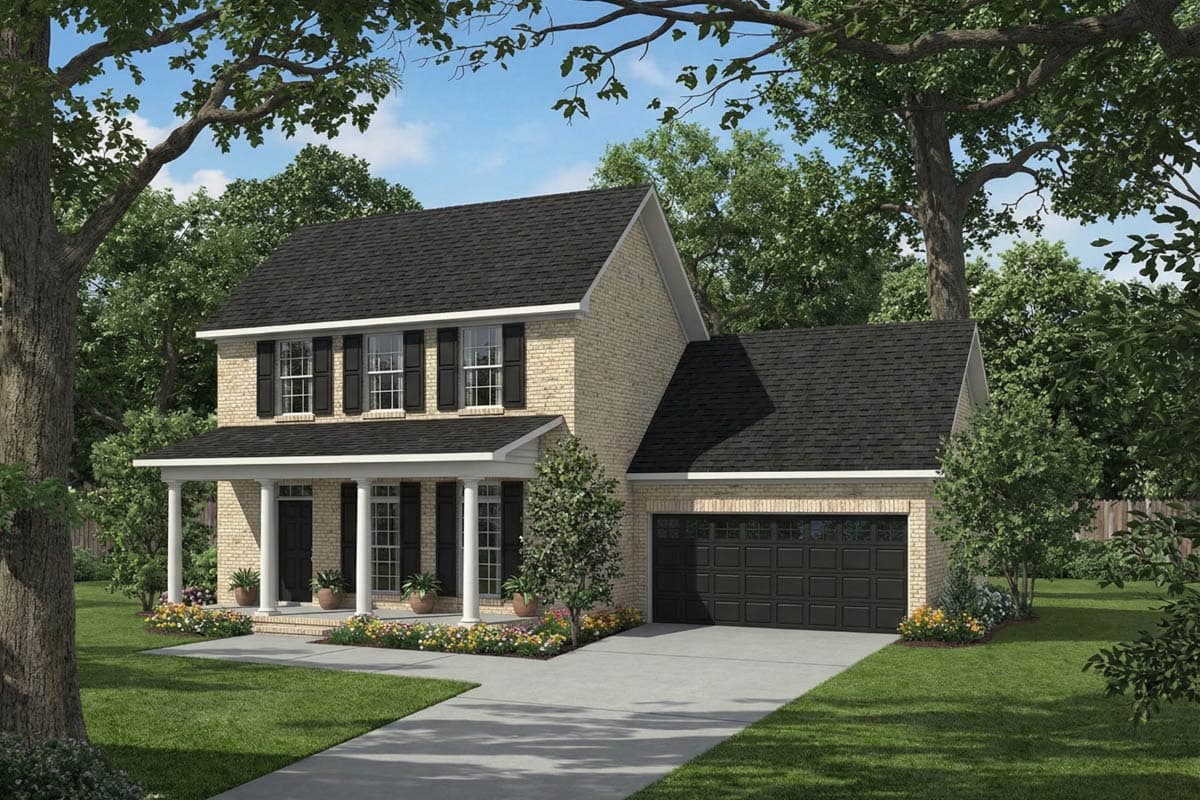 House plan exterior: two-story brick home with a covered front porch, central gable, and attached two-car garage.