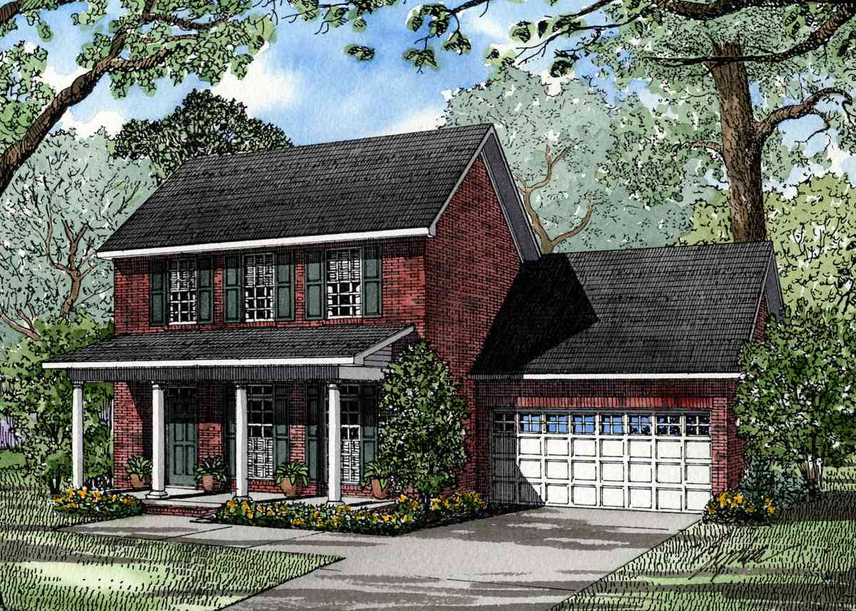 House plan exterior: Two-story brick home with a full-width covered porch, dormers, and an attached two-car garage.