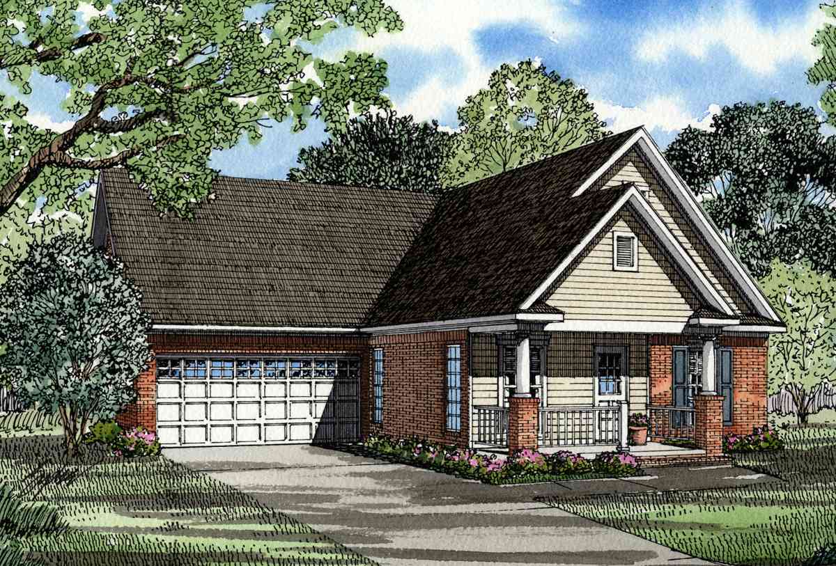 House plan exterior: one-story brick home with a gabled front porch, white multi-pane garage door, and side-facing dormer.