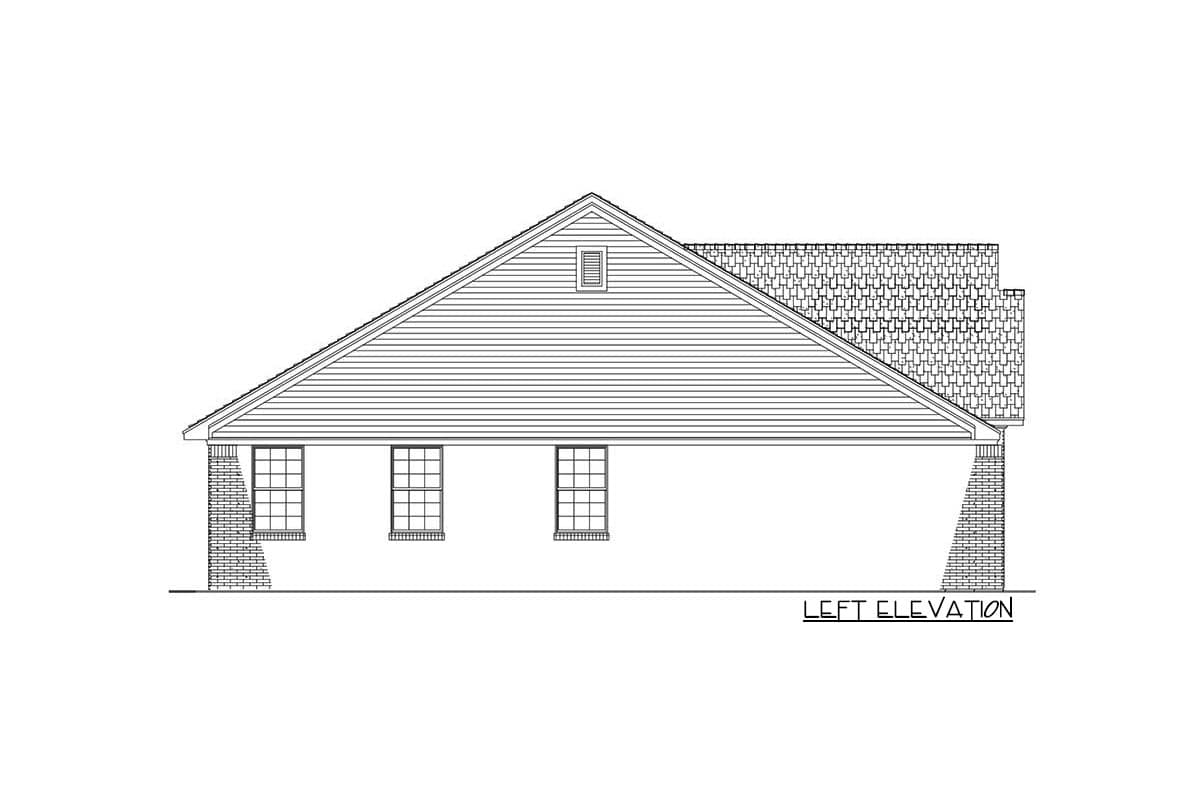 Left elevation drawing of a house plan showing a gable roof, three windows, and brick foundation.