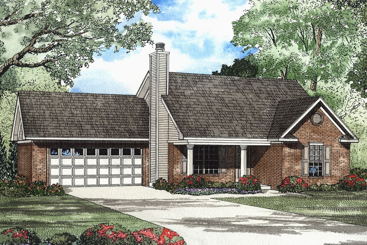 House plan exterior: Brick ranch with attached two-car garage, covered entry with columns, gable dormer, and prominent chimney.