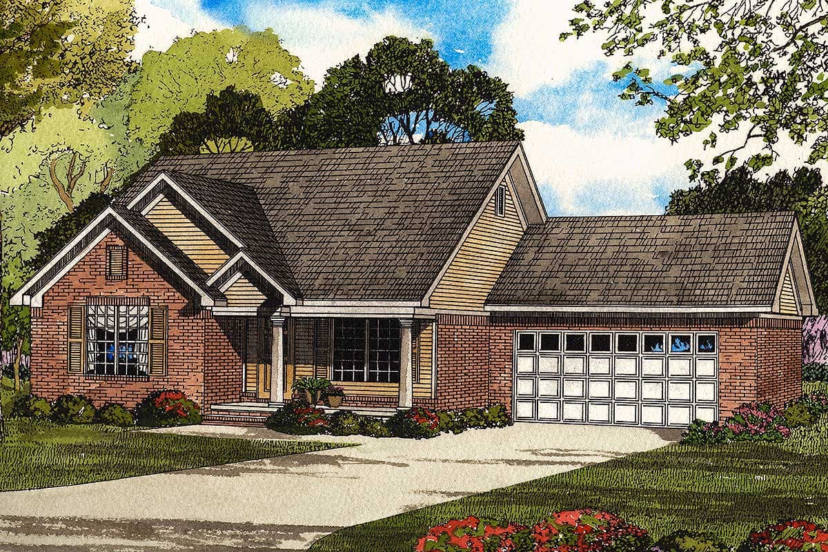 House plan exterior: Ranch style with brick facade, covered front porch, gabled dormers, and attached two-car garage.