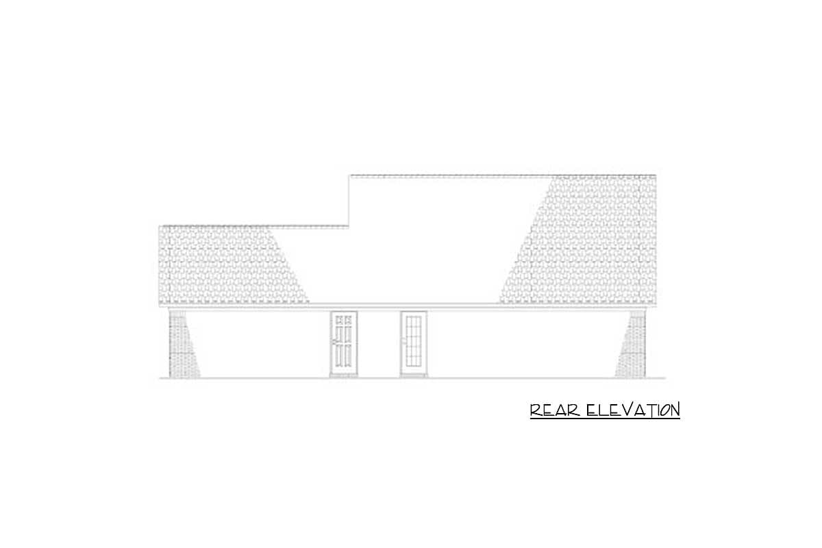 Rear elevation of a house plan showing a layered roofline, two doors, and supporting columns.