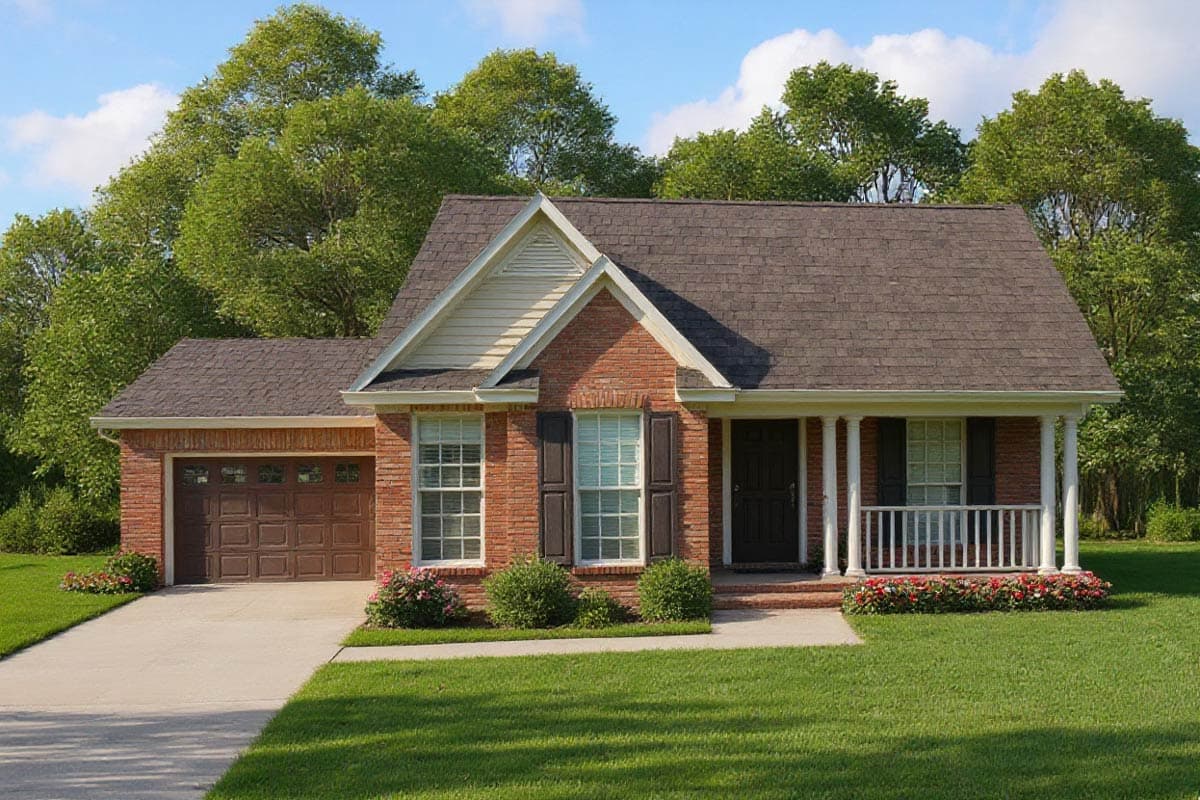 House plan exterior. One-story brick home with a gable roof, covered porch, and attached garage. Includes decorative shutters.