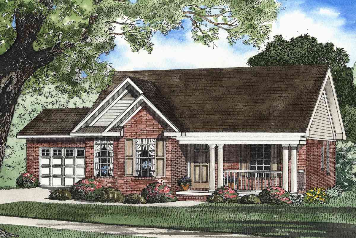 House plan exterior of a one-story brick home with a covered front porch, gables, and a side-entry garage.