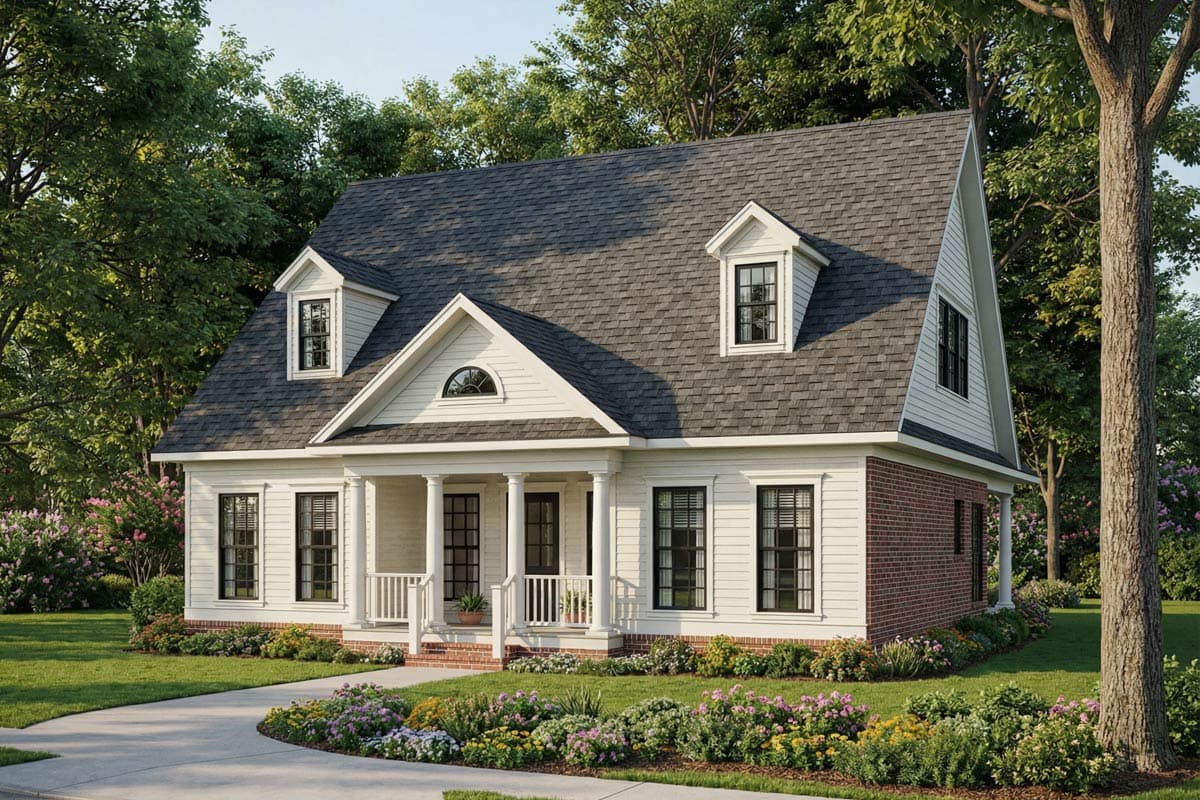House plan exterior: Two-story modern farmhouse with gabled dormers, arched window, and covered front porch with columns.