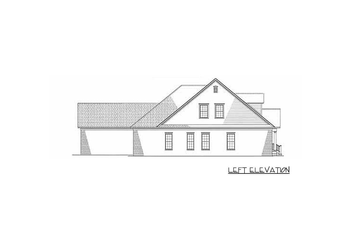 Left elevation drawing of a two-story house plan with gables, dormer windows, and a covered porch.
