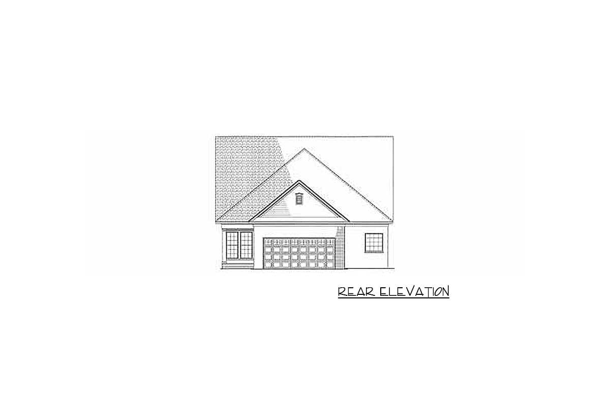Rear elevation drawing of a house plan showing a gable roof, garage, and windows.