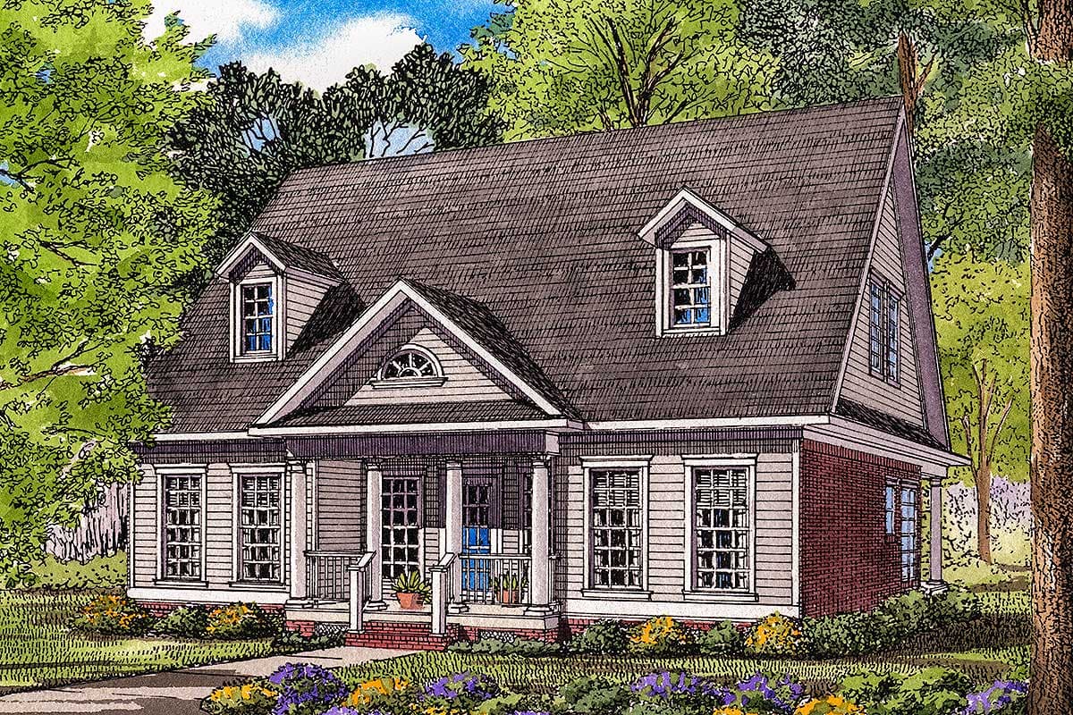 House plan exterior with dormers, a covered porch with columns, and a gambrel roof.