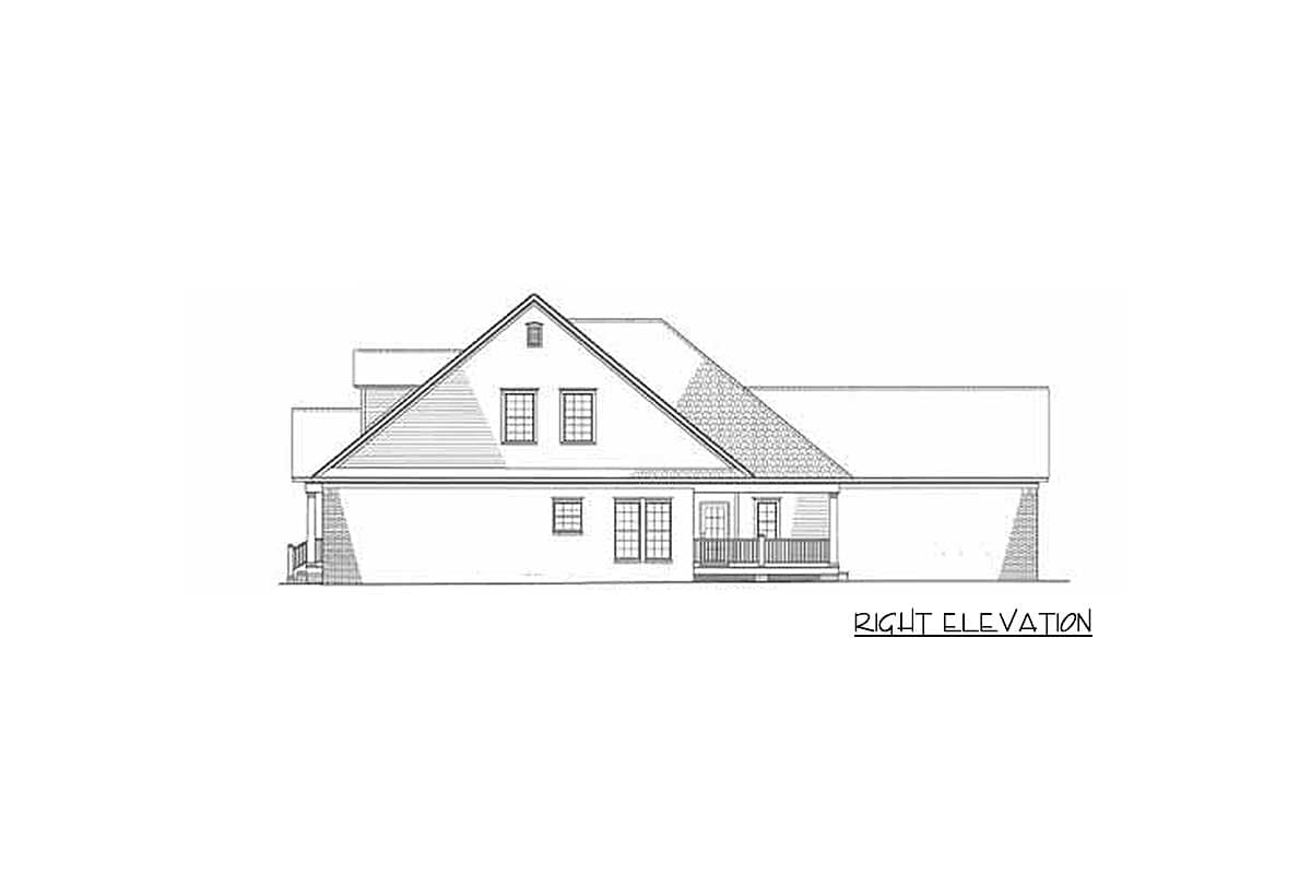 House plan right elevation showing a two-story home with a gabled roof, dormers, and a covered porch.