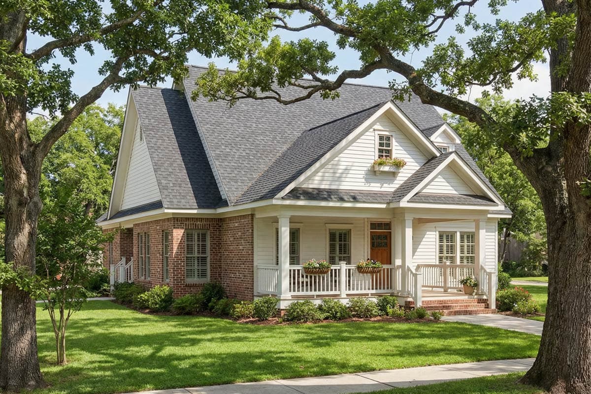 House plan exterior. Two-story Craftsman home with a front porch, gables, and a brick and siding facade. Dark gray roof.