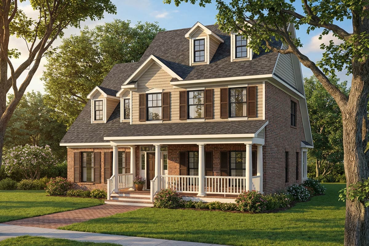 House plan exterior featuring a two-story Colonial style with a front porch, dormers, and a gabled roofline.