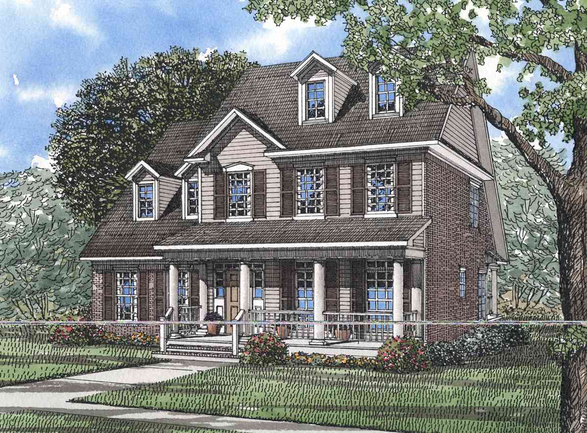 House plan exterior, two-story home with a large front porch supported by columns, dormers, and brick and siding.