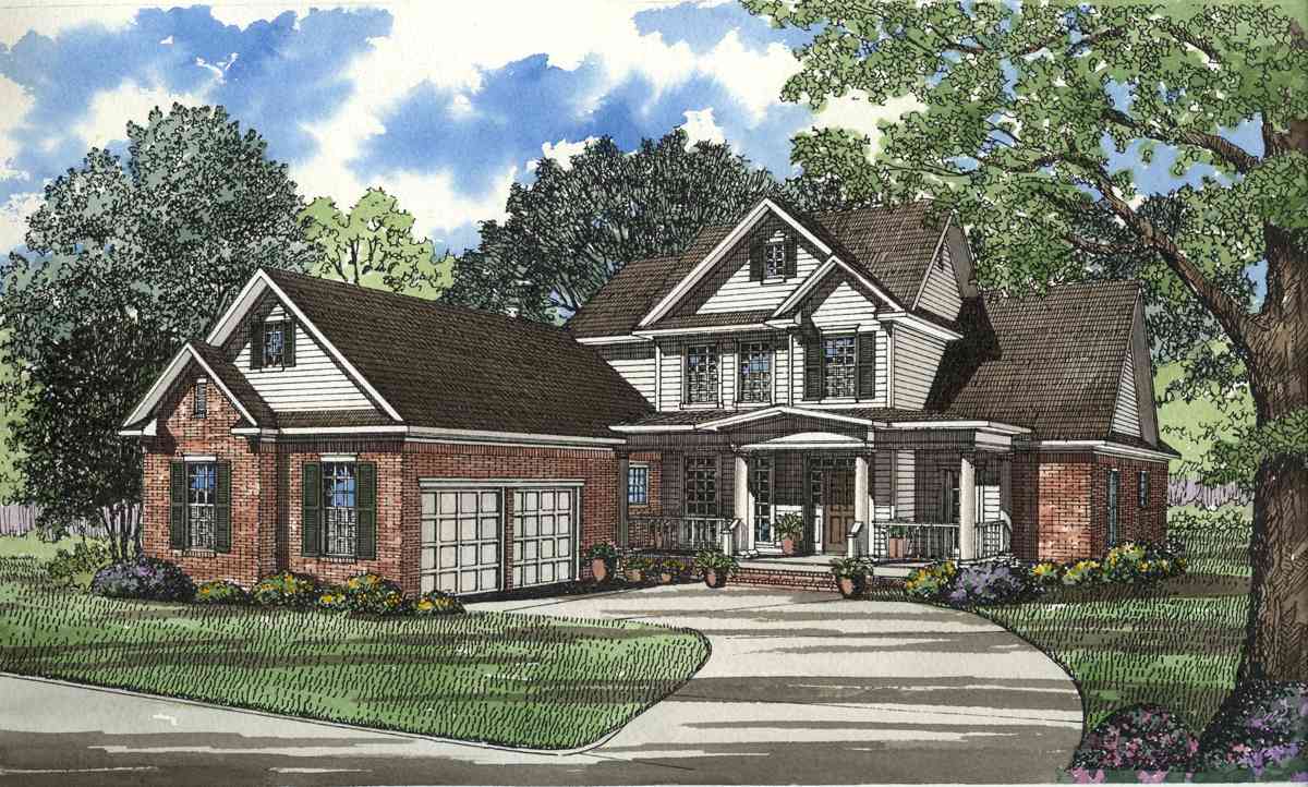 House plan exterior, two-story home with brick and siding, covered porch, and attached two-car garage.