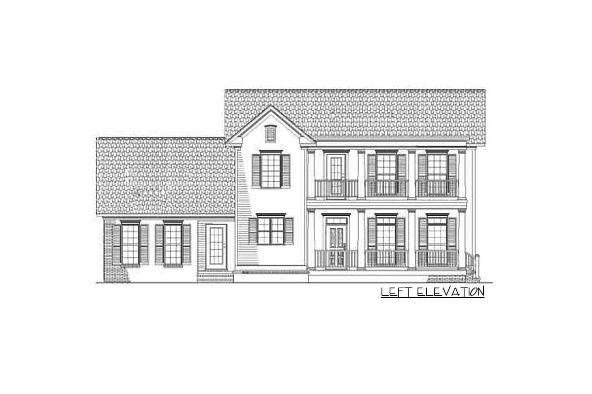 Two-story house plan exterior with gabled roof, multiple windows with shutters, and two balconies on the upper level.