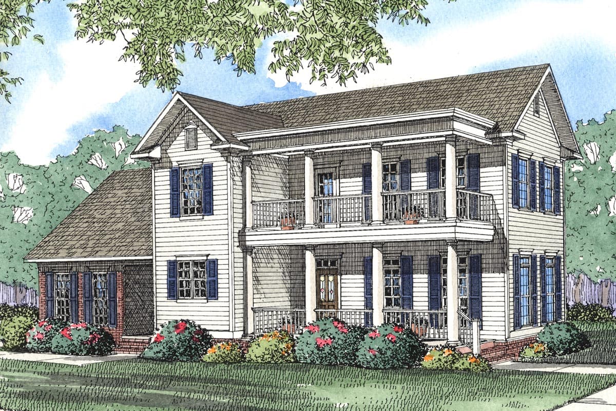 House plan exterior: two-story, white siding, gabled roof, double-tiered covered porch with columns, dark shutters.