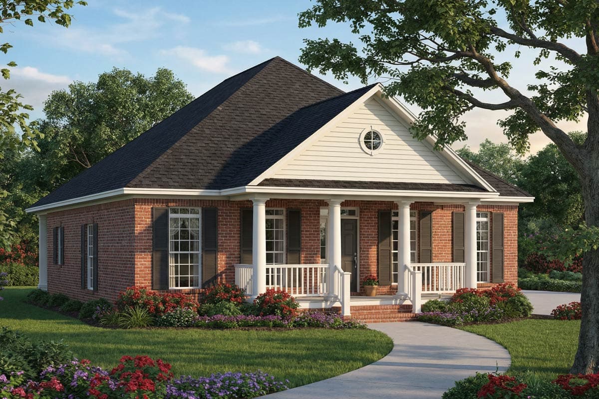 House plan exterior: one-story brick home with a wrap-around porch, columns, and gabled roof with circular vent.