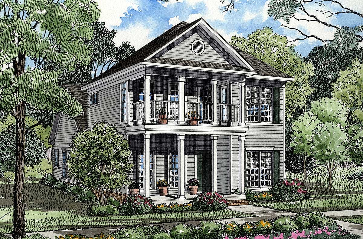 House plan exterior: two-story home with double-decker front porches, gabled roof, and lap siding.