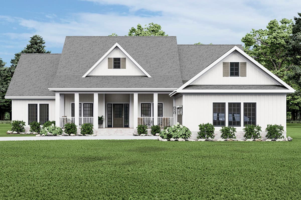 Modern Farmhouse house plan exterior with a wide front porch, gable dormers, and board and batten siding.