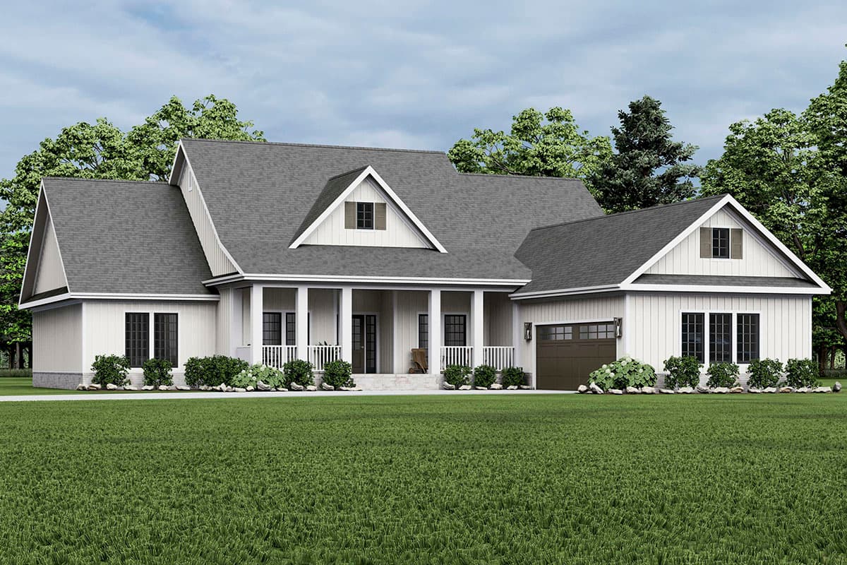 House plan exterior: Modern Farmhouse style, one-story with a prominent front porch, multiple gables, and a side-entry garage.