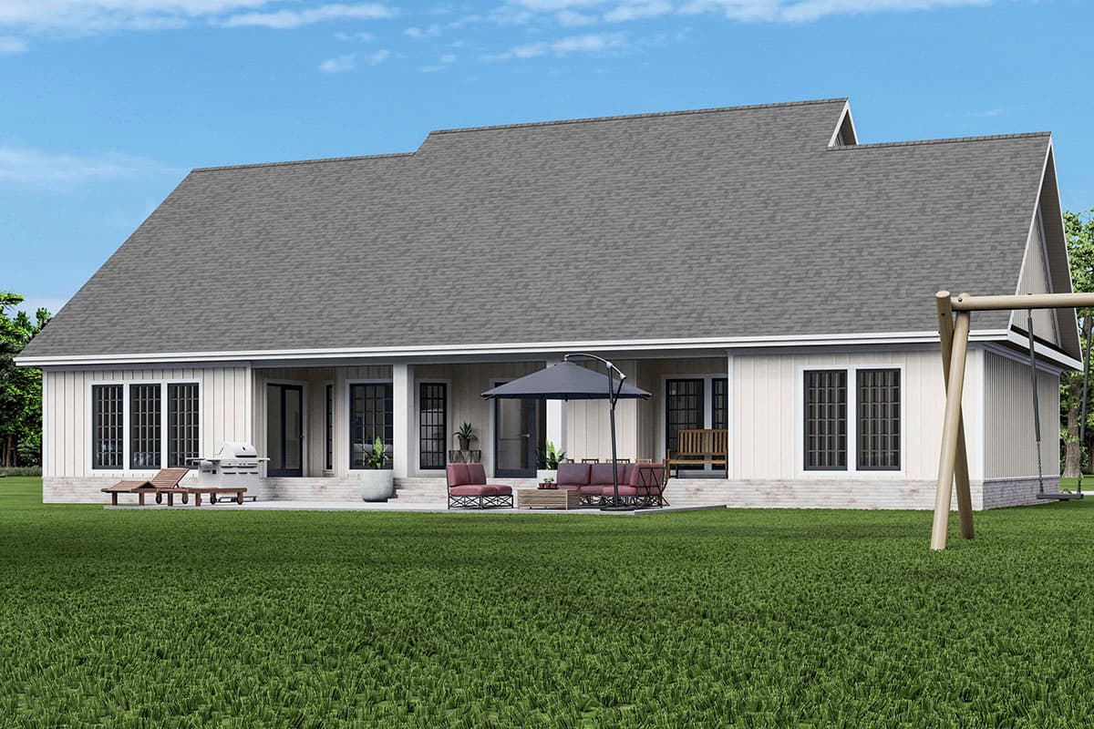 House plan exterior: single-story Modern Farmhouse with a covered rear porch, multiple gables, and vertical siding.