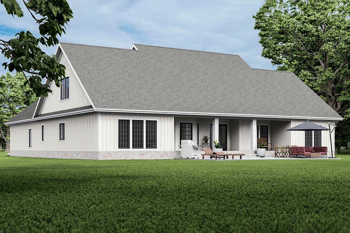 House plan exterior of a one-story Modern Farmhouse with gabled dormers, a covered porch, and vertical siding.