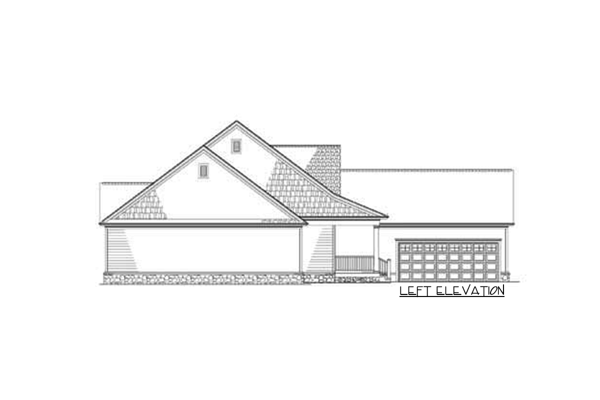 Left elevation drawing of a house plan with a prominent gable, dormer, and two-car garage.