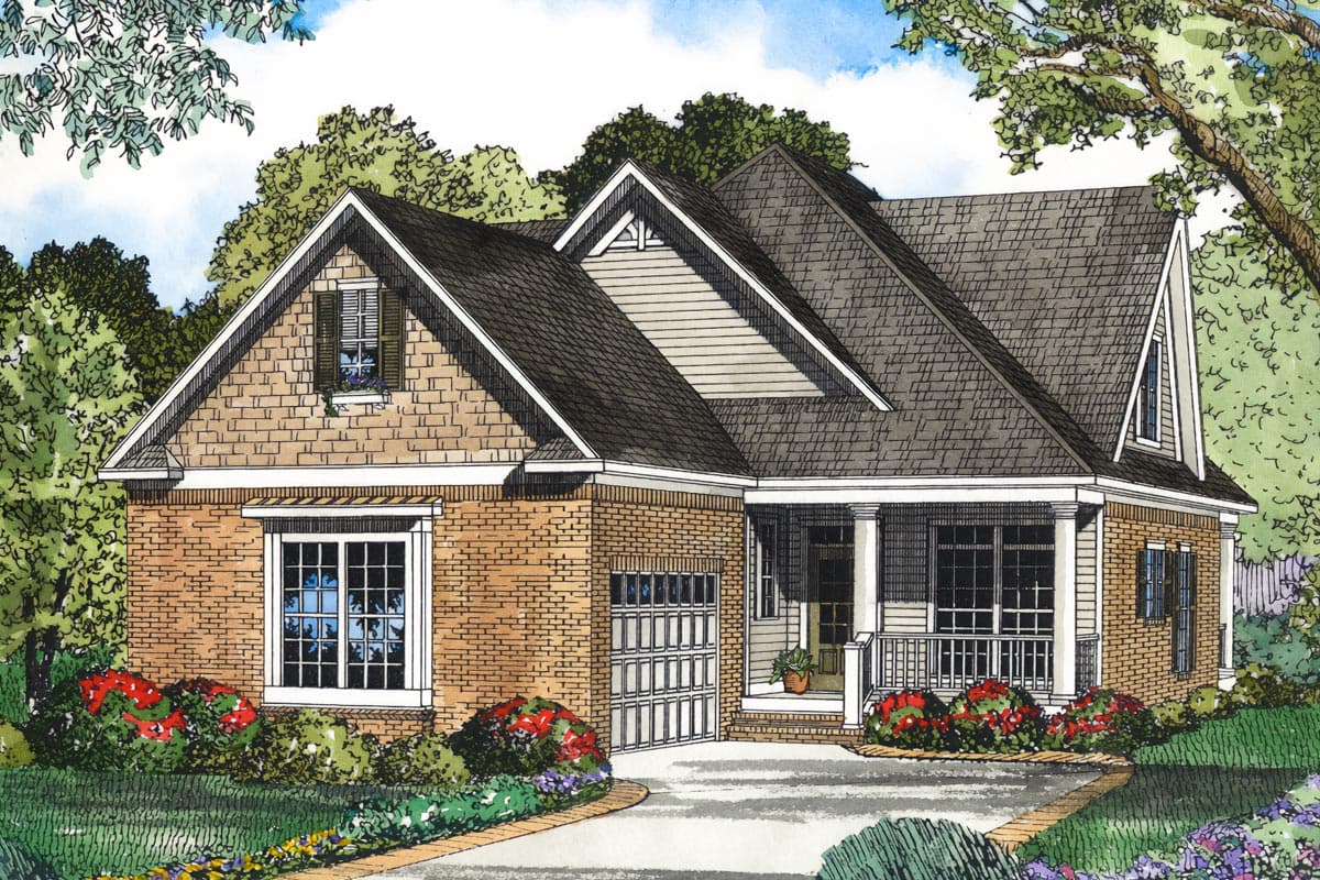 House plan exterior of a one-story brick home with gabled dormers, a front porch with columns, and an attached garage.