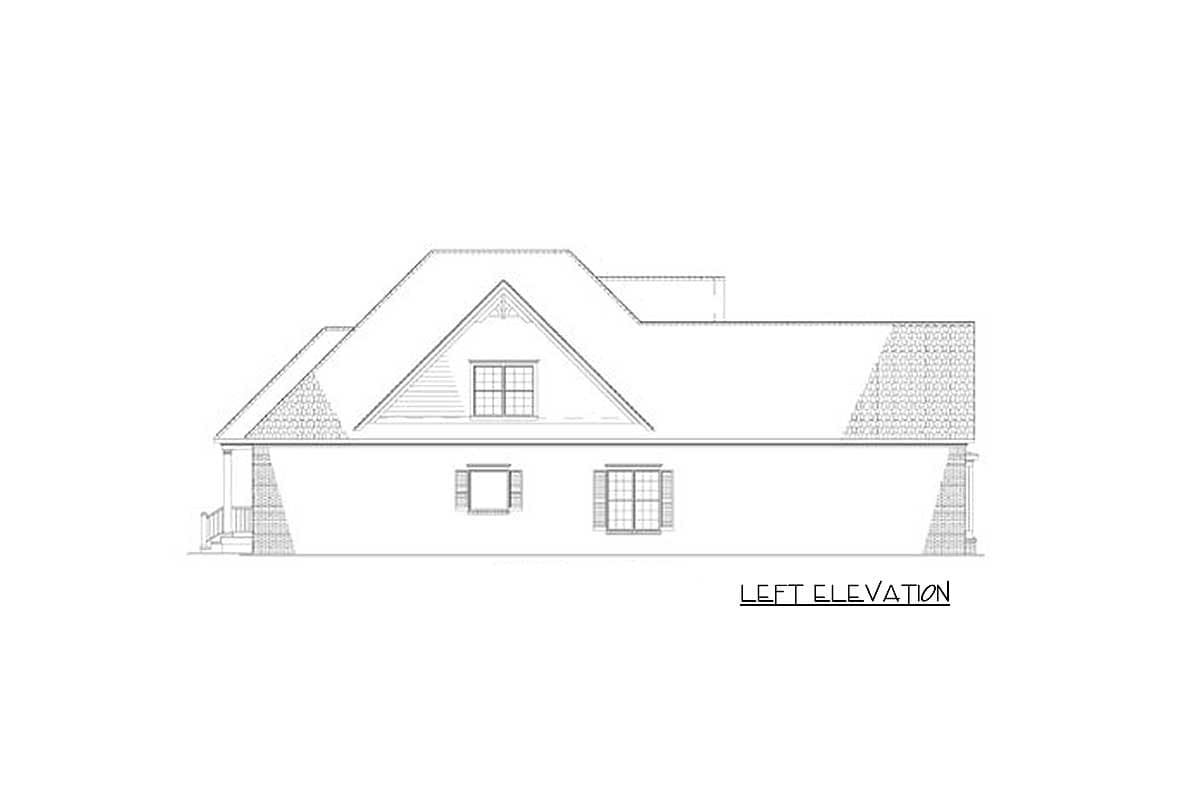 Left elevation drawing of a house plan showing a dormer, gables, and varied rooflines with stonework.