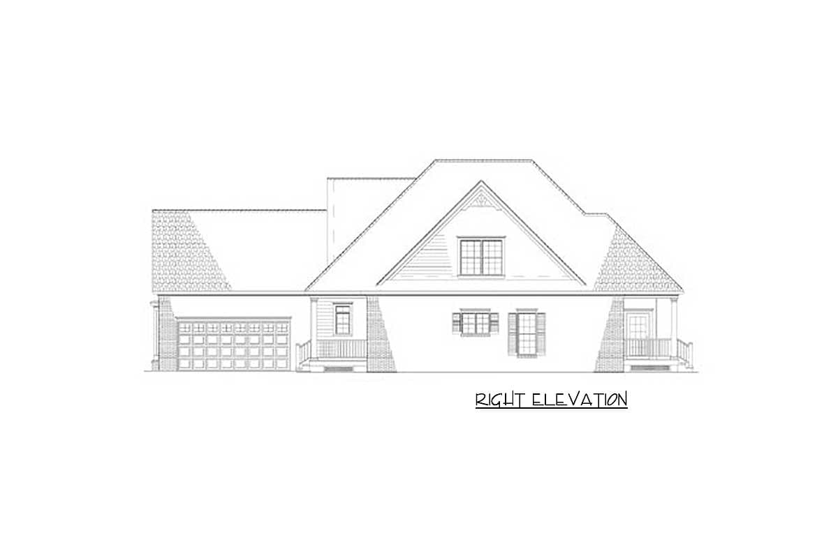 Architectural house plan right elevation showing a two-car garage, gabled dormer, and covered porch.
