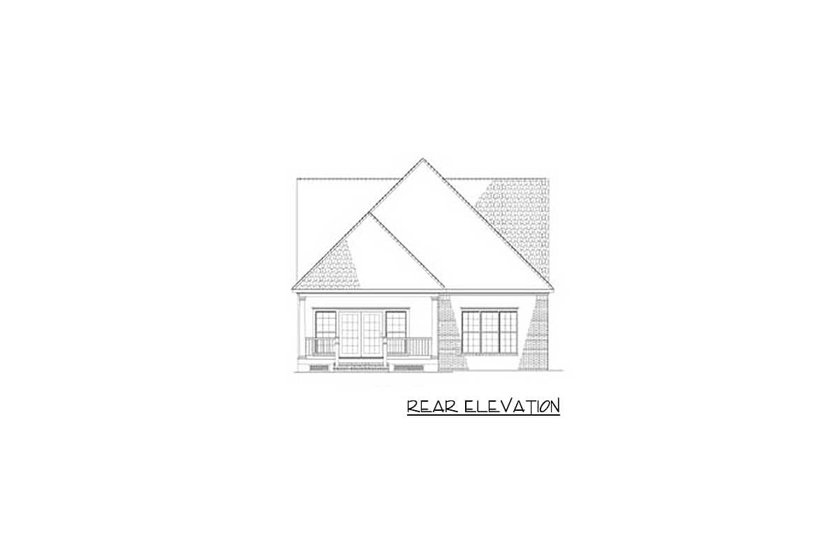 Rear elevation drawing of a house with a gable roof, double doors, and two windows.