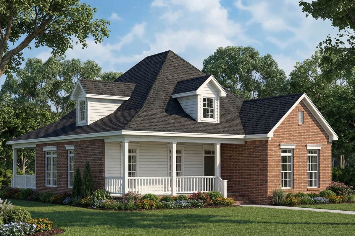 House plan exterior. Two-story home with a porch, dormers, and a gabled roof. Exterior features brick and siding details.