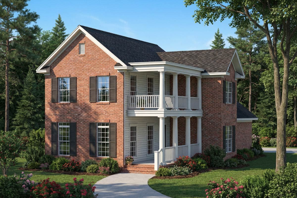 House plan exterior with two stories. Brick facade with two-story porch supported by columns. Features include gable roof and dark shutters.