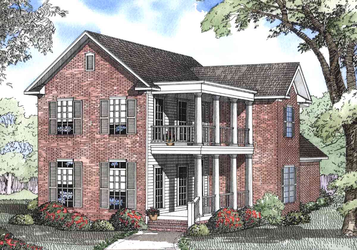 House plan exterior of a two-story brick home with a double-level wraparound porch supported by columns.
