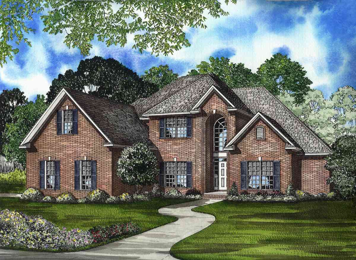 House plan exterior of a two-story brick home featuring multiple gables, arched entryway, and symmetrically placed windows.