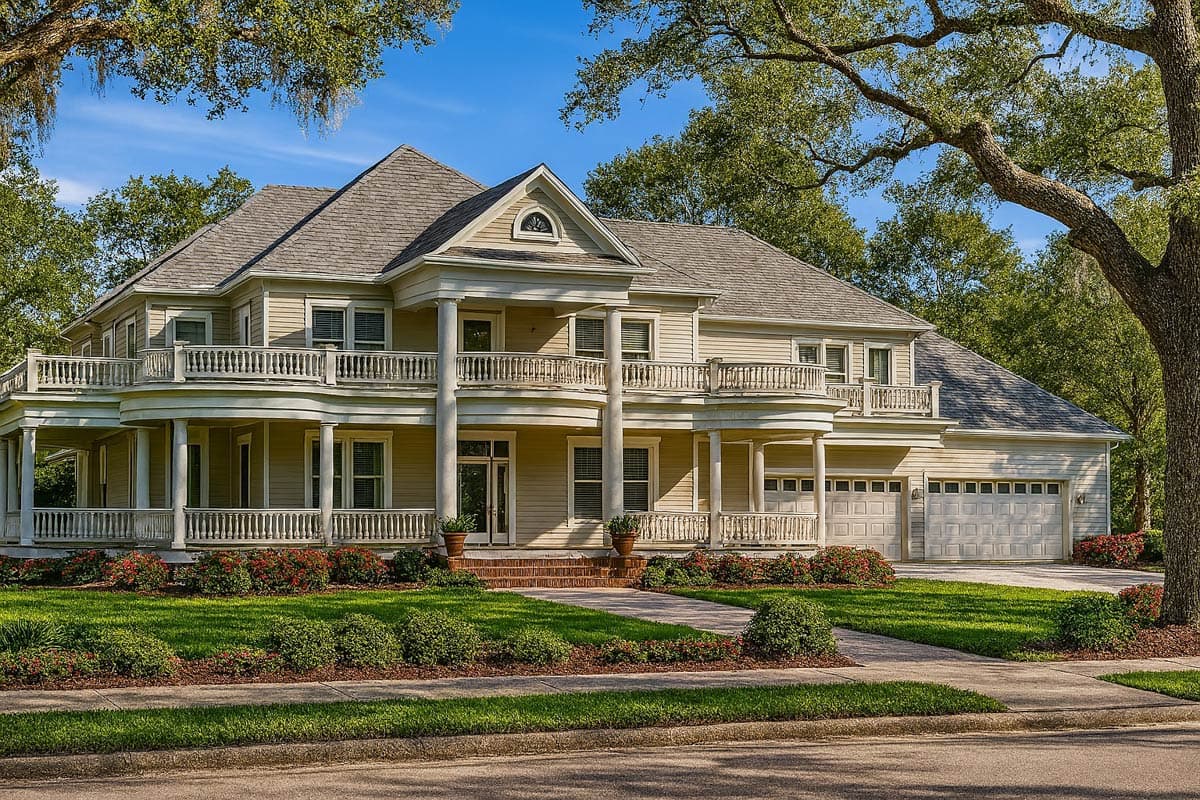 House plan exterior: Two-story home with wraparound porches, columns, arched dormer, and a three-car garage.