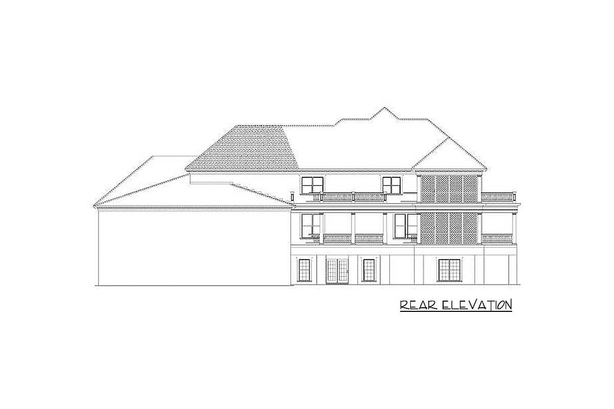 Rear elevation drawing of a house plan, showing multiple stories, balconies, and varied rooflines.