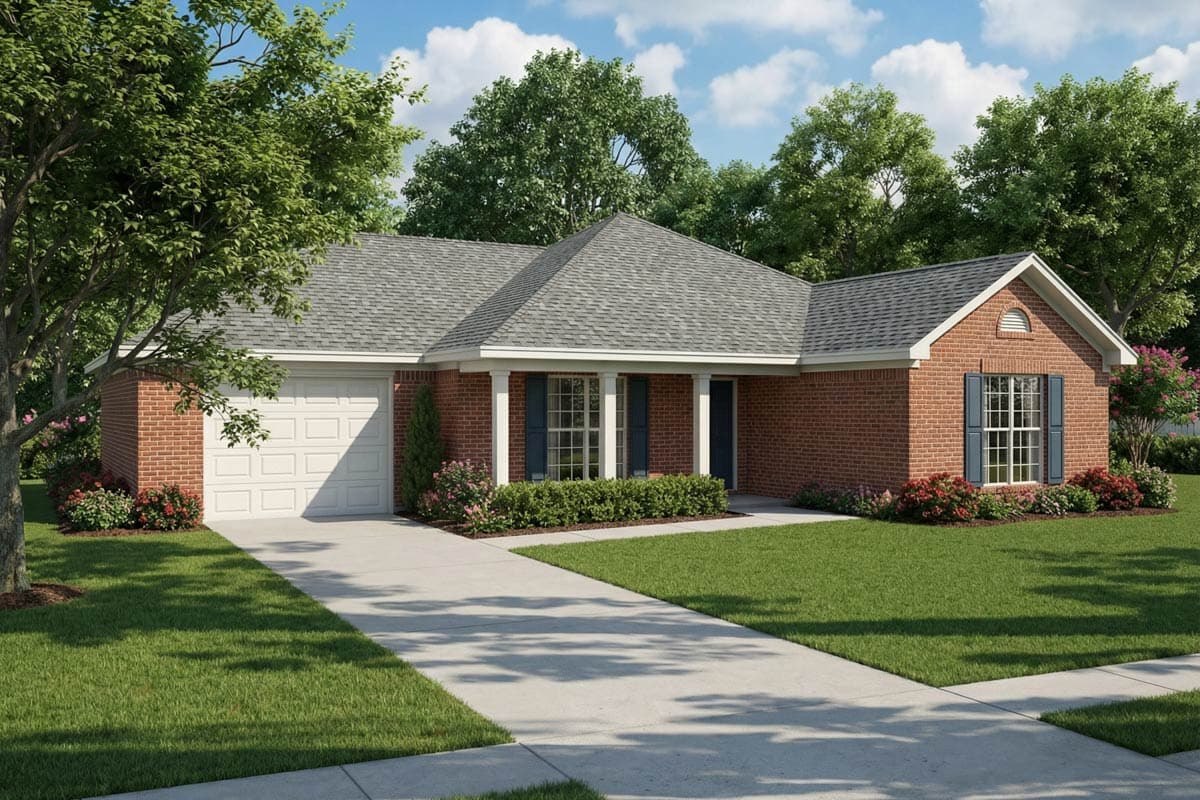 House plan exterior featuring a one-story brick home with a gable roof, porch with columns, and attached garage.