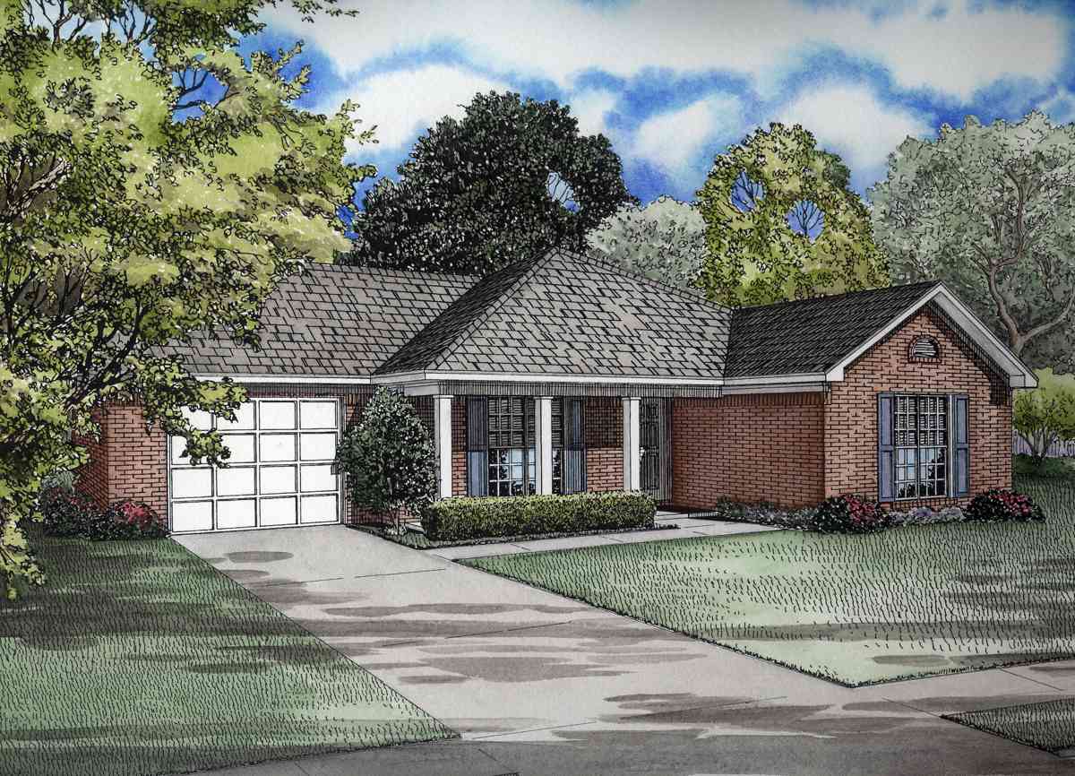 House plan exterior: One-story brick home with a front-entry garage, covered porch with columns, and gabled rooflines.