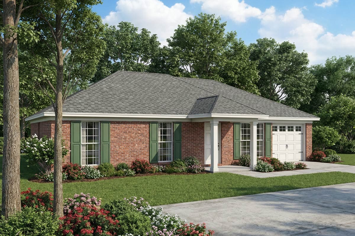 House plan exterior. One-story brick ranch-style home with gabled roof, garage, and front porch with columns.