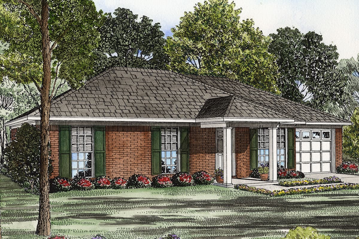 Ranch style house plan exterior with brick facade, gable roof, covered porch with columns, and attached garage.